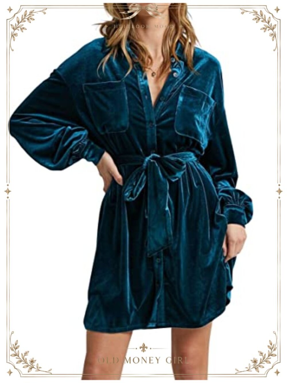 Velvet Button Down Mini Dress with Belt Long Sleeve Collared